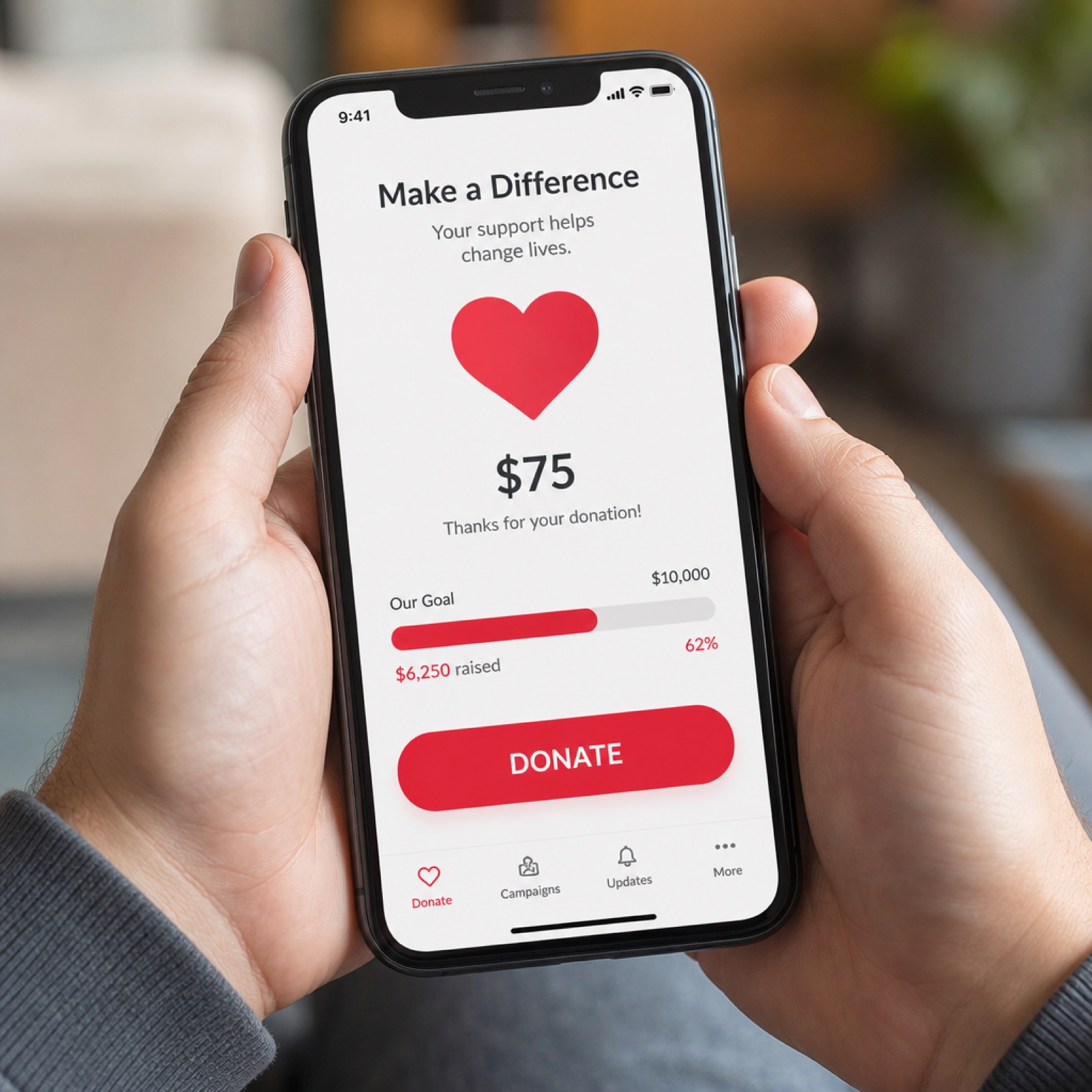 Hands holding a phone showing a completed donation
