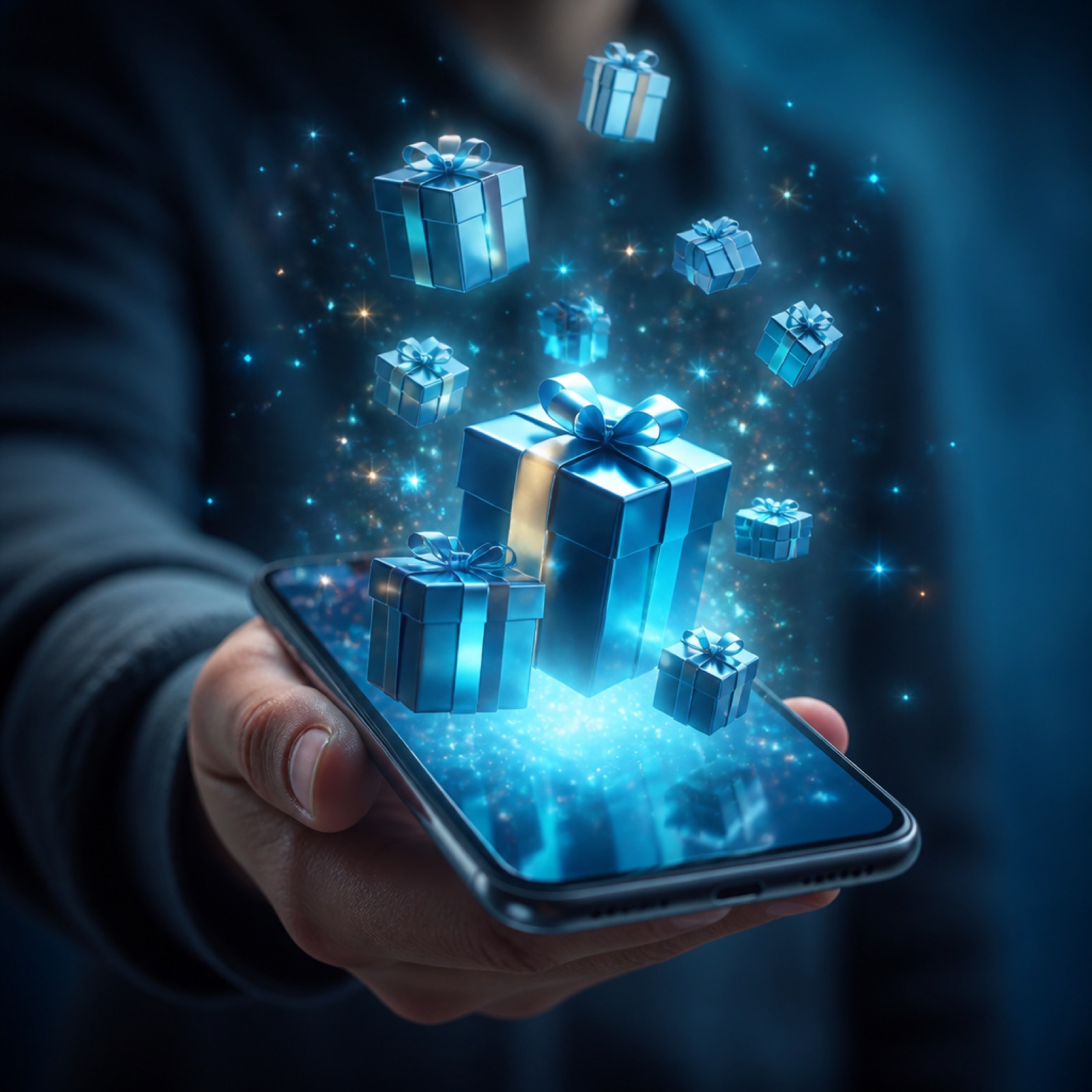 A hand holding a phone with rewards floating out of the screen