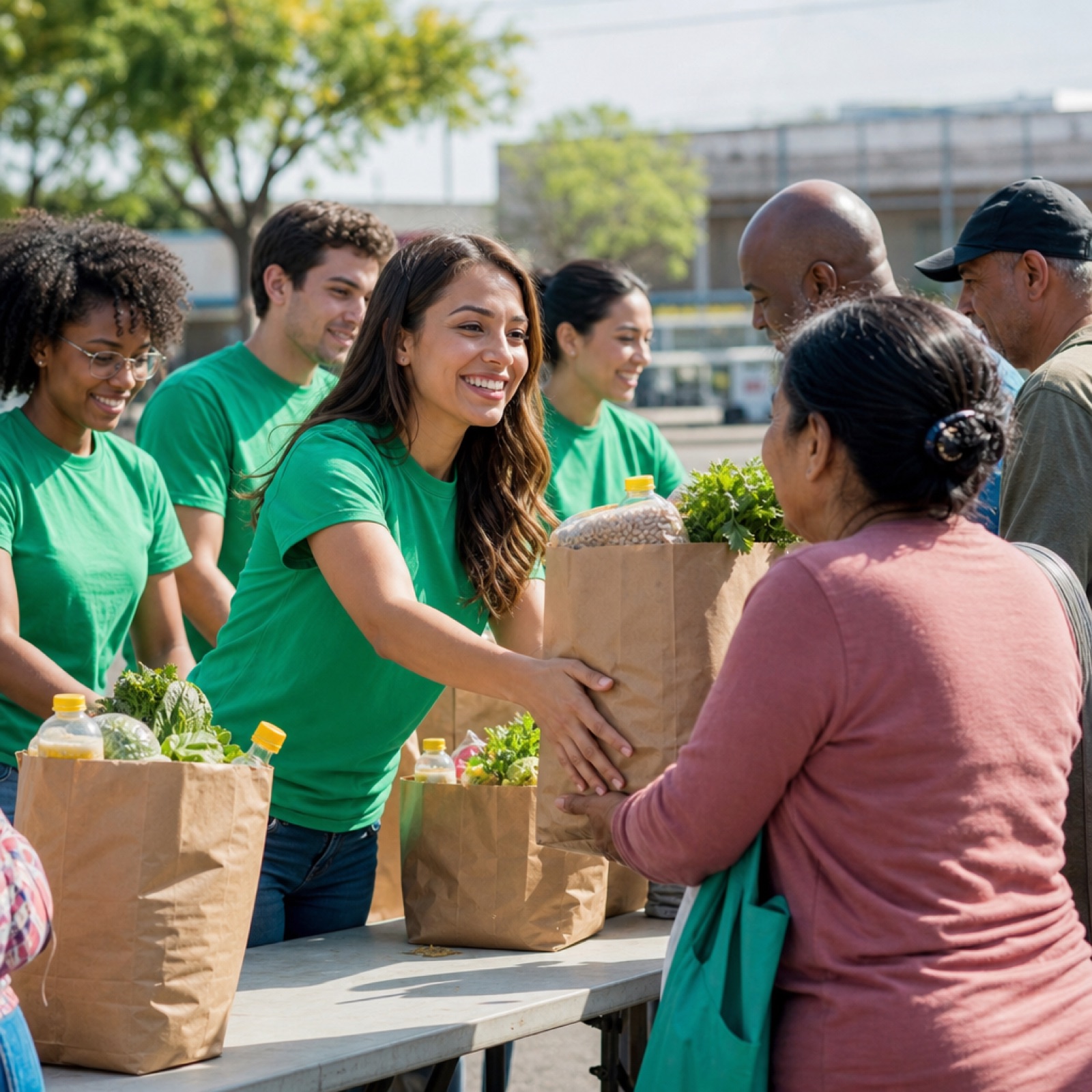 Volunteers in green shirts handing grocery bags to community members